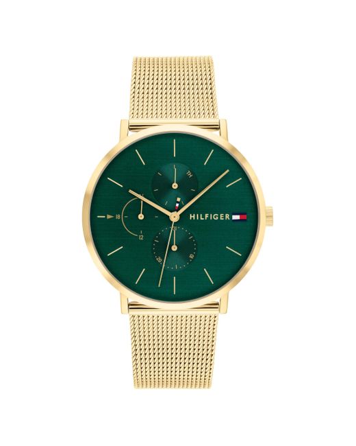 Tommy Hilfiger Green Analogue Multifunction Quartz Watch For Women With Gold Colored Stainless Steel Mesh Bracelet - 1782766