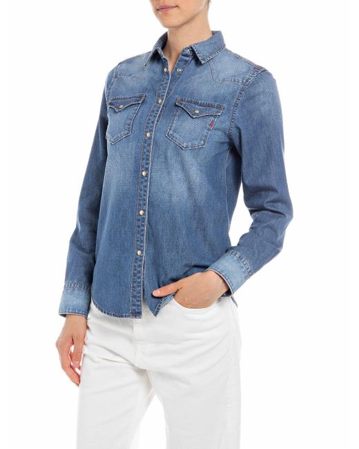 Camicia in Jeans Donna ica Lunga in Cotone di Replay in Blue