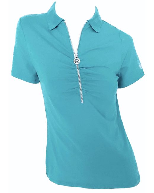 Michael Kors Blue S Short Sleeve Shirt Silver Zipper Mk Logo Brt Cyan Blu