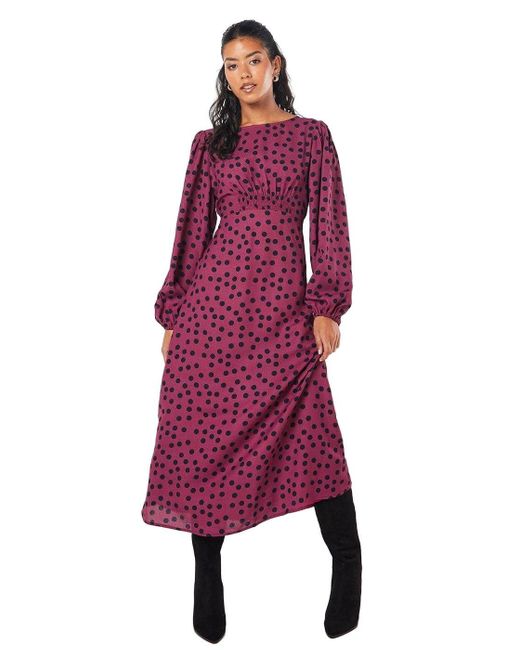 Dorothy Perkins Petite Berry Spot Shirred Waist Long Sleeve Midi Dress
