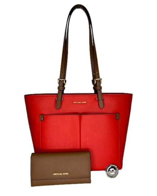 Michael Kors Red Jet Set Travel Md Doulbe Pocket Tote Bundled With Large Trifold Wallet And Purse Hook