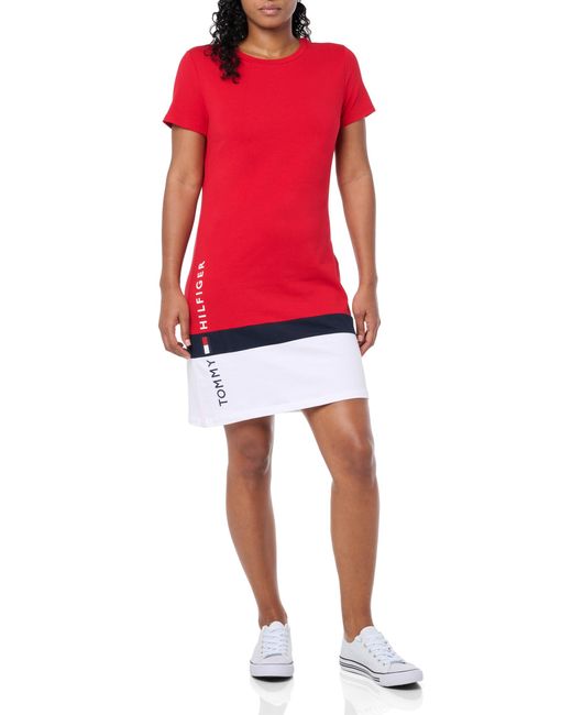 Tommy Hilfiger Red Striped Hem Cotton Short Sleeve T-shirt Dress Casual