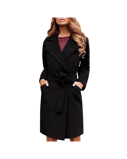 Superdry Black Lalaluka Plain Slim Cut Wool Coat With Belt Lapel Cardigan Down Jacket Parka Winter Coats