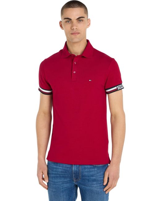 Tommy Hilfiger Poloshirt Kurzarm Monotype Flag Cuff Slim Fit Polo Baumwolle in Red für Herren