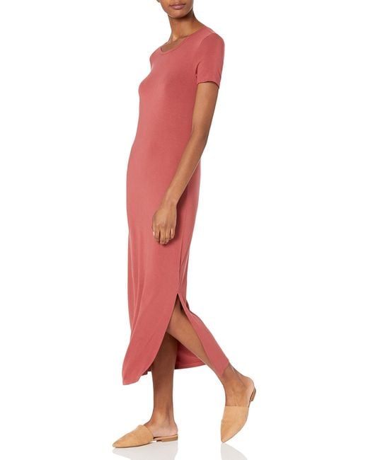 Amazon Essentials Pink Jersey Standard-fit Short-sleeve Crewneck Side Slit Maxi Dress