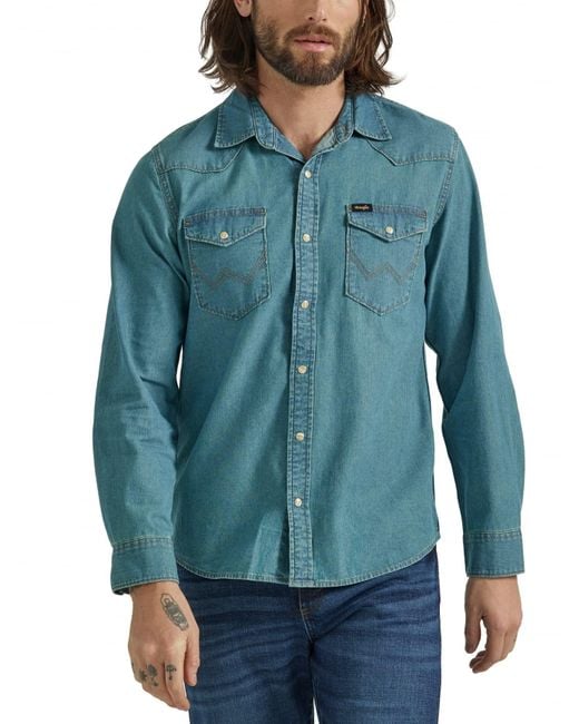Wrangler Blue Iconic Denim Regular Fit Snap Shirt for men