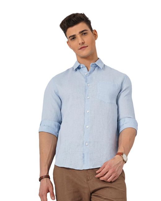 Camicia da uomo in lino tinta unita blu vestibilità regolare di Celio* in Blue da Uomo