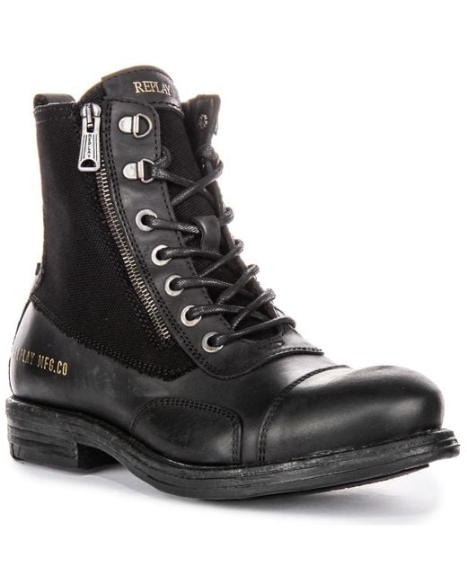 Replay Black Pack Biker Lace Up Combat Lace Up Boot Trainers for men