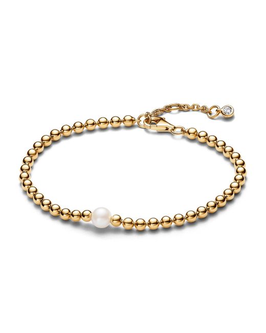 Pandora Metallic Timeless Beaded 14k Gold-plated Bracelet With White Treated Freshwater Cultured Pearl And Clear Cubic Zirconia