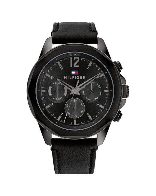 Tommy Hilfiger Black Multifunction Stainless Steel Case And Leather Strap Watch for men