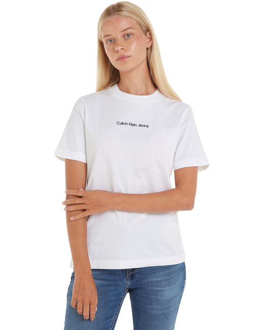 Calvin Klein White T-Shirt Kurzarm Institutional Straight Tee Rundhalsausschnitt
