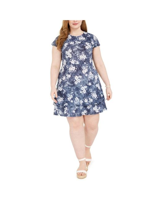 Michael Plus Size Floral Double Tier Dress Chambray 1X di Michael Kors in Blue