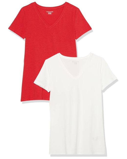 Amazon Essentials Red Kurzärmeliges T-Shirt mit V-Ausschnitt