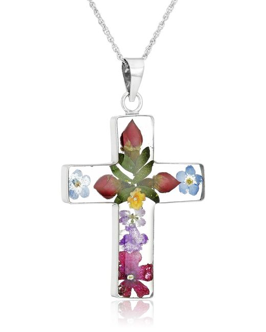 Amazon Essentials White Amazon Collection Sterling Silver Pressed Flower Multi-colored Cross Pendant Necklace