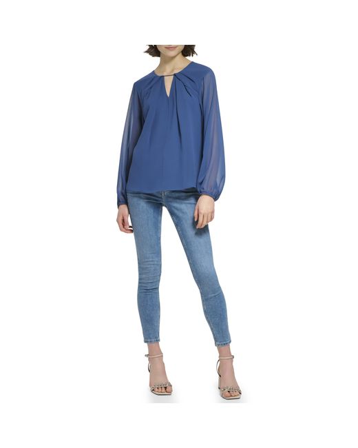 Calvin Klein Trendy Poly Chiffon Langarm geraffte Vorderseite Bluse in Blau  | Lyst DE