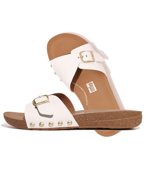 Fitflop Brown Iqushion Adjustable Buckle Leather S Slides Urban White