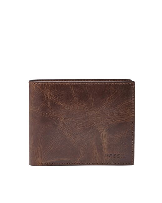 Fossil Brown Derrick Leather Rfid-blocking Bifold With Coin Pocket Wallet for men