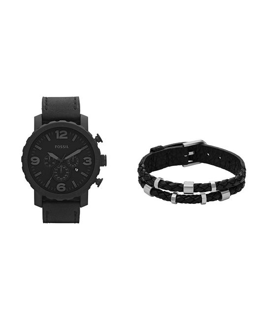 Orologio da uomo Nate in pelle nera e bracciale Bronson in acciaio inossidabile color argento di Fossil in Black da Uomo