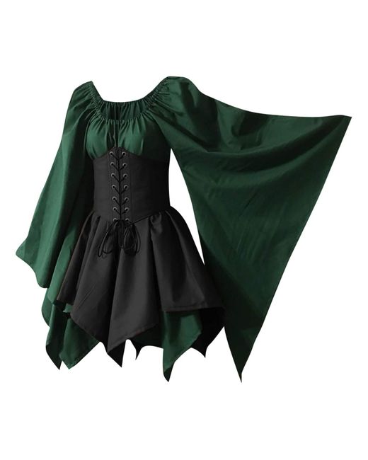 Superdry Green Lalaluka Medieval Dress Dresses Vintage Splicing Corset Short Flared Sleeves Medieval Clothing Renaissance Halloween Carnival