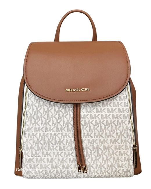 Michael Kors Brown Phoebe Medium Zip Pocket Backpack Vanilla Mk Signature