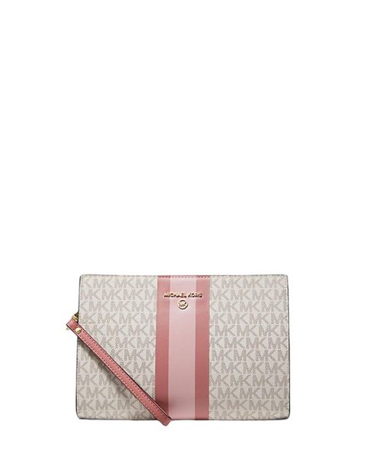 Michael Kors Pink Medium Logo Stripe Zip Pouch Wristlet Zip Bag