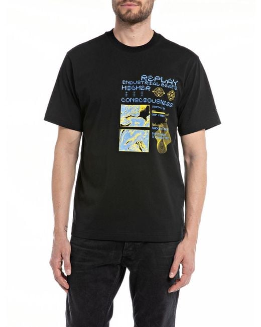 T-Shirt à ches Courtes Et Col Rond avec Imprimé Au Dos Replay en coloris Black