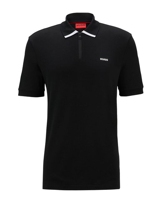 HUGO Black Cotton-piqué Polo Shirt With Contrast Logo for men