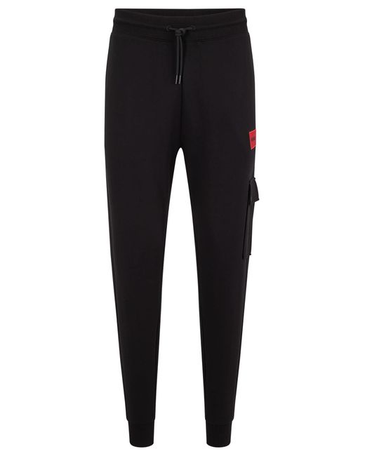 HUGO Black S Dwellrom Cotton-terry Cargo Tracksuit Bottoms With Red Logo Label for men