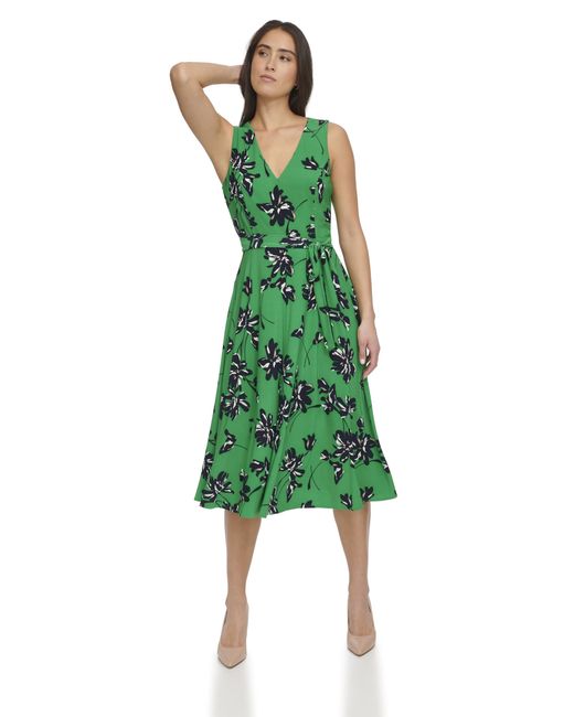 Tommy Hilfiger Green Jersey Tie Waist Fit And Flare Dress