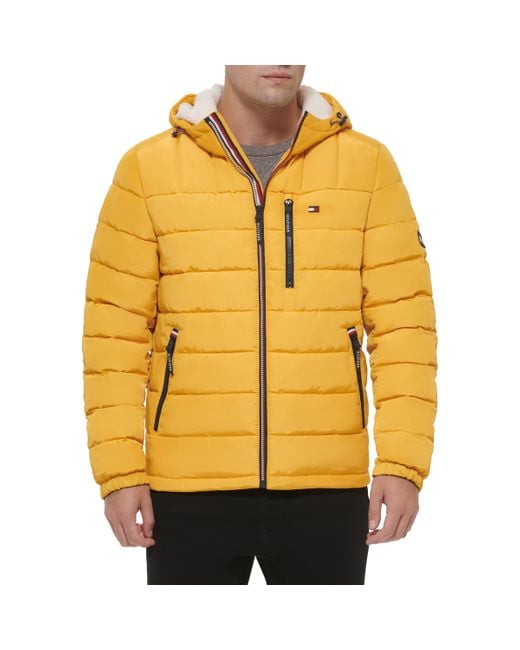 Tommy Hilfiger Yellow Midweight Sherpa Lined Hooded Water Resistant Puffer Jacket for men
