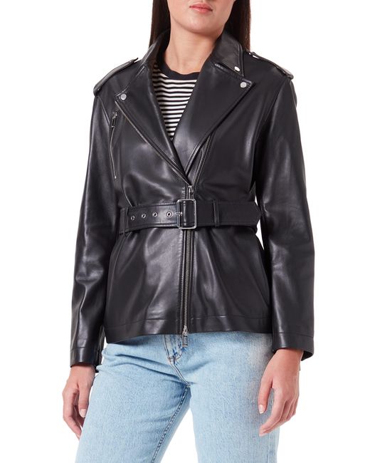 HUGO S Larida Relaxed-fit Jacket In Lamb Leather With Branded Snaps Black