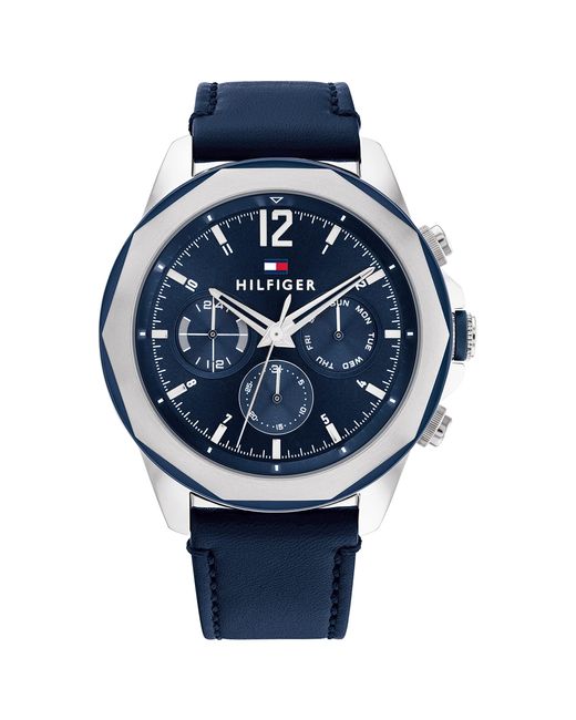 Tommy Hilfiger Multifunction Stainless Steel Case And Leather Strap Watch  in Blue for Men | Lyst