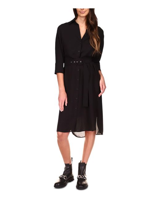 Michael Kors S Black Belted Solid 3/4 Sleeve Collared Midi Shirt Dress Dress Us