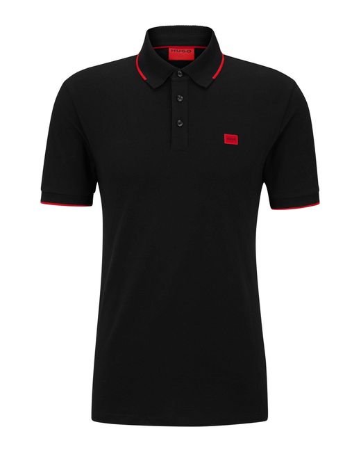 HUGO Black Cotton-piqué Slim-fit Polo Shirt With Red Logo Label for men