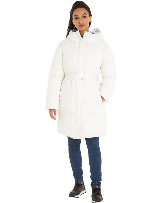 Calvin Klein White Coat Logo Belt Long Puffer Winter