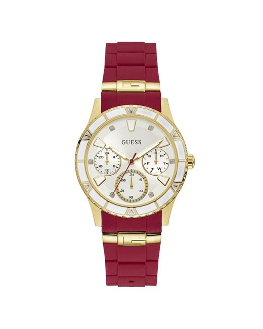 Guess Gold-tone + Iconic Red Stain Resistant Silicone Watch With Day