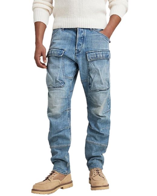 G-Star RAW Blue 3d Straight Tapered Denim Cargo Jeans for men