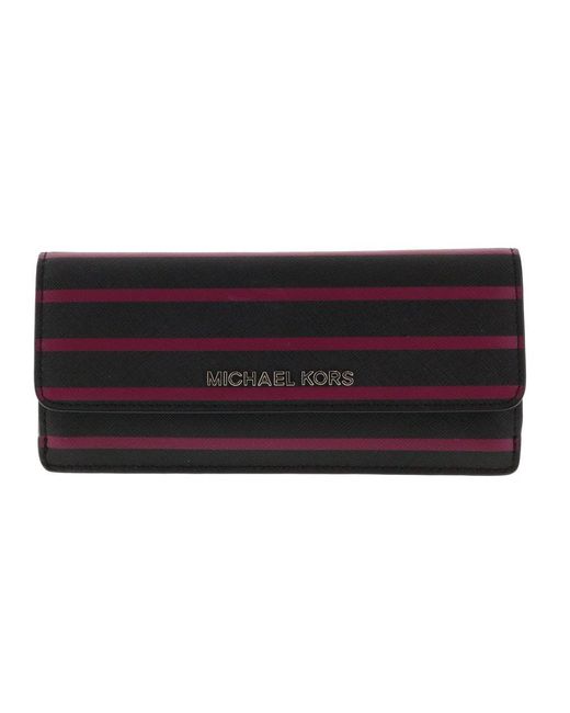 Michael Kors Black Jet Set Trvl Strip Flat Saffiano Leather Wallet In Blk/deep Pink