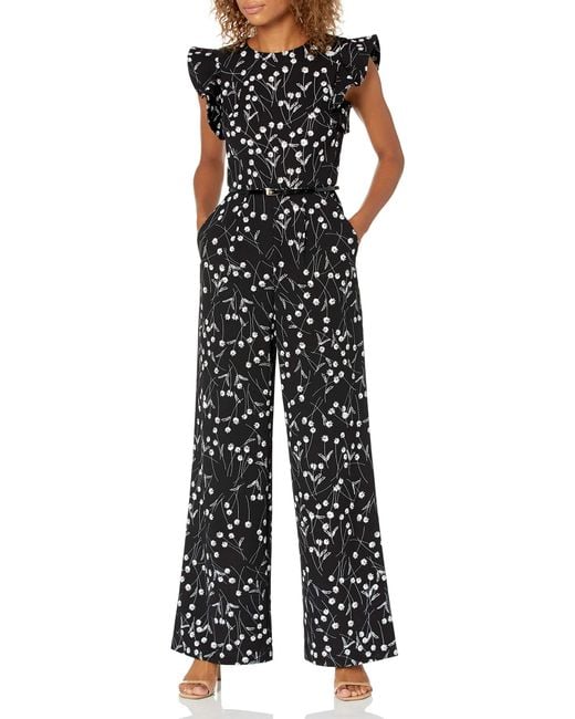 Calvin Klein Belted Jumpsuit With Flutter Sleeves in Black/White (Black