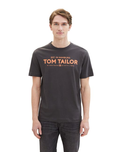 Tom Tailor Basic Crewneck T-Shrt mit Logo-Print aus Baumwolle in Gray für Herren