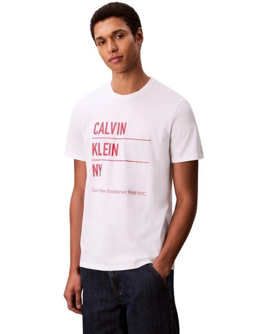 Uomo T-Shirt iche Corte Graphic con Logo di Calvin Klein in White