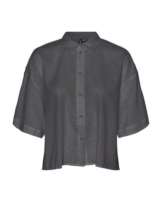 Vero Moda Gray Vmlinn Linen 2/4 Short Shirt Wvn Noos Blouse
