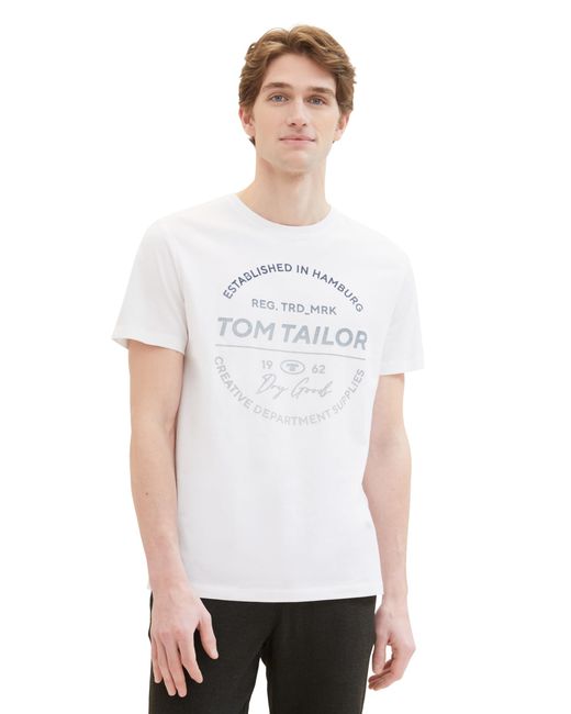 Tom Tailor Basic Crewneck T-Shrt mit Logo-Print aus Baumwolle in White für Herren