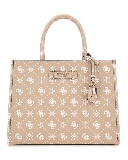 Guess Natural Handtasche Umhängetasche Silia 2 Compartment Tote Bag Biscotti Logo taupe