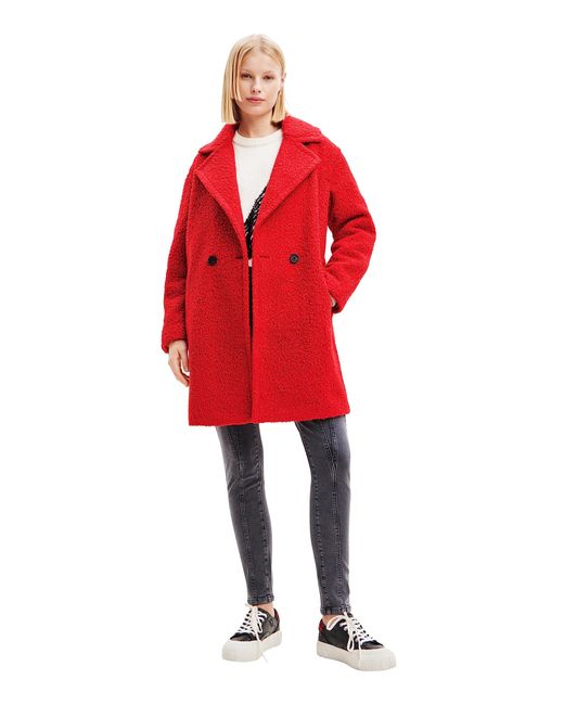 Desigual Red Double-breasted Bouclé Coat