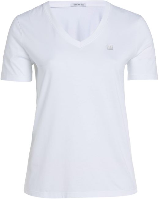Calvin Klein White Plus Ck Embro Badge V-neck Tee J20j223443 S/s Knit Tops