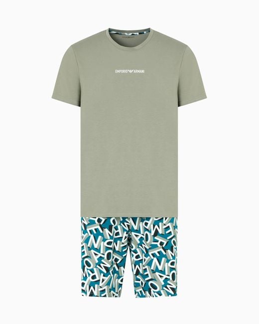 Emporio Armani Men's Green Bold Logo Printed Cotton Pajama