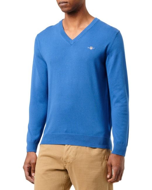 Gant Blue Classic Cotton V-neck Sweater for men