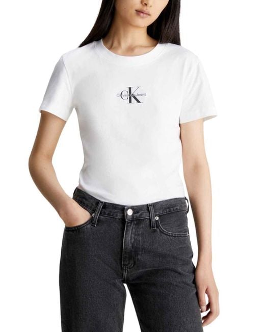 Calvin Klein White T-Shirt Kurzarm Monologo Slim Tee Rundhalsausschnitt