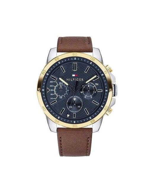 Tommy Hilfiger Blue Analogue Multifunction Quartz Watch For Men With Light Brown Leather Strap - 1791561 for men